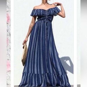 COPY - Off the shoulder cinch front ruffle sleeve smock top stripe maxi dress s…